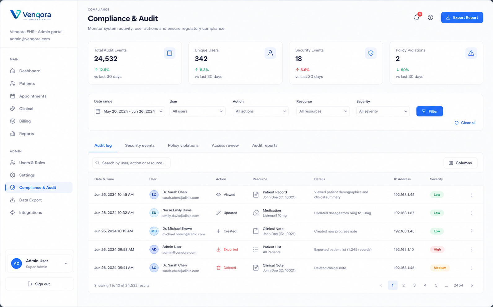 Audit log and compliance controls in Venqora EHR