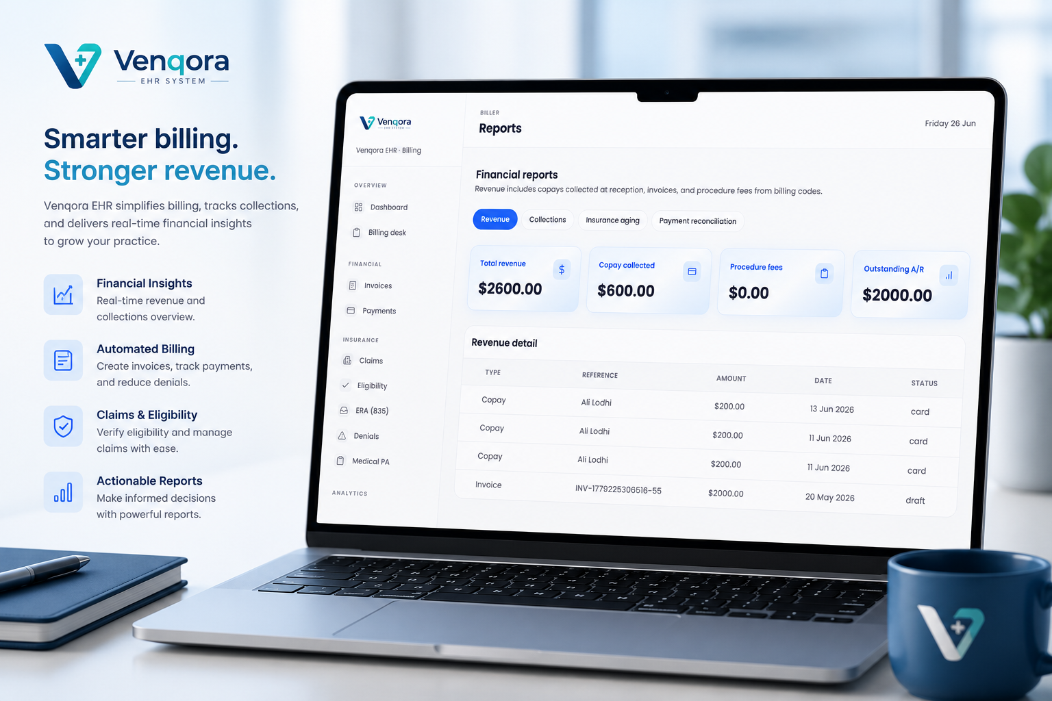 Biller dashboard with claims and denials in Venqora EHR