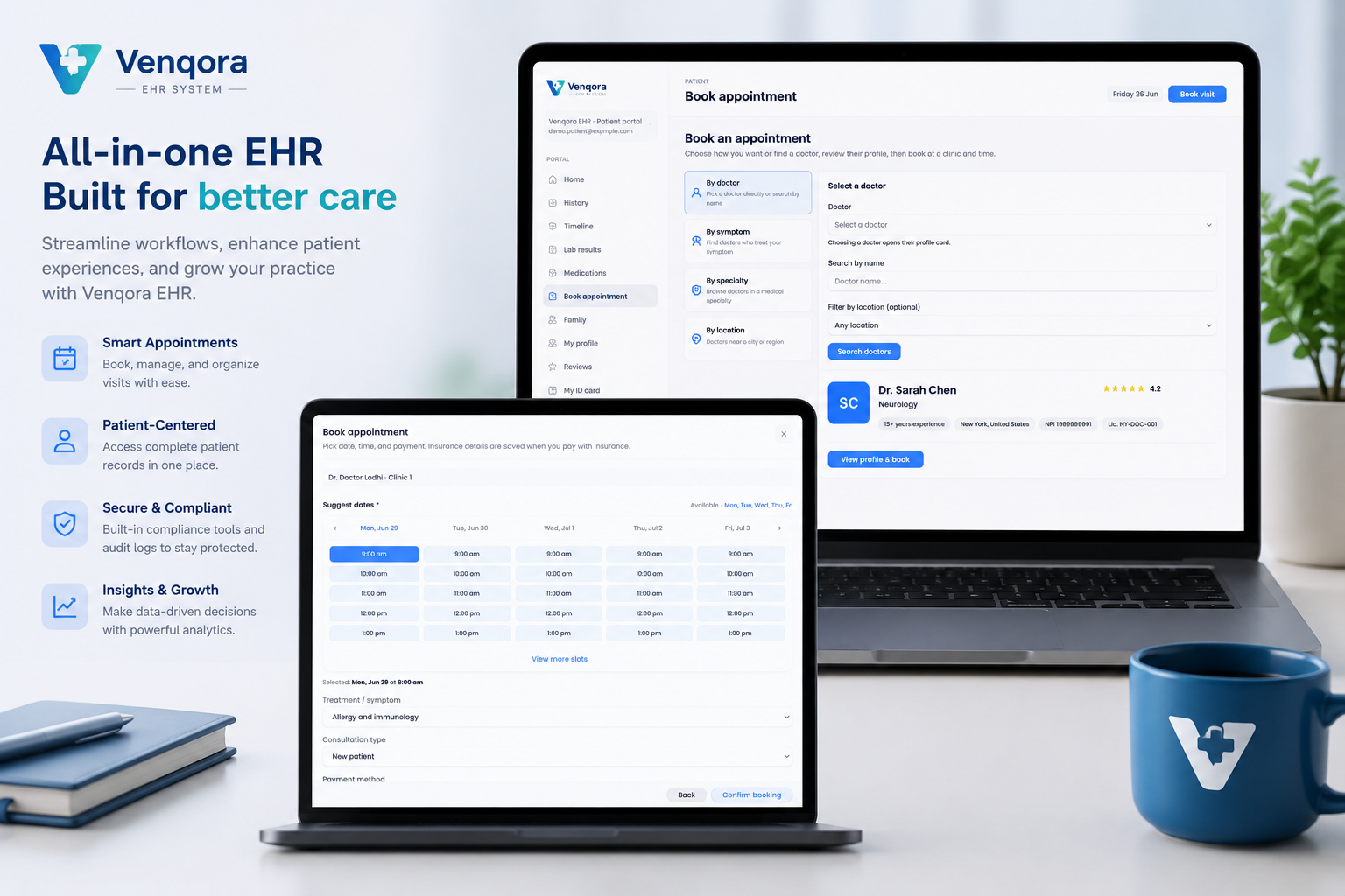 Appointment scheduling and token queue board in Venqora EHR